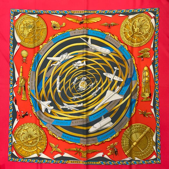 Hermes Red Multi Reves d’Espace Aircraft Print Square Silk Twill Scarf - Picture 1 of 10